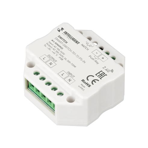 INTELLIGENT ARLIGHT Релейный модуль SMART-SWITCH-701-72-PS-IN  (230V, 1x3A, 2.4G) (IARL, IP20 Пластик, 5 лет)