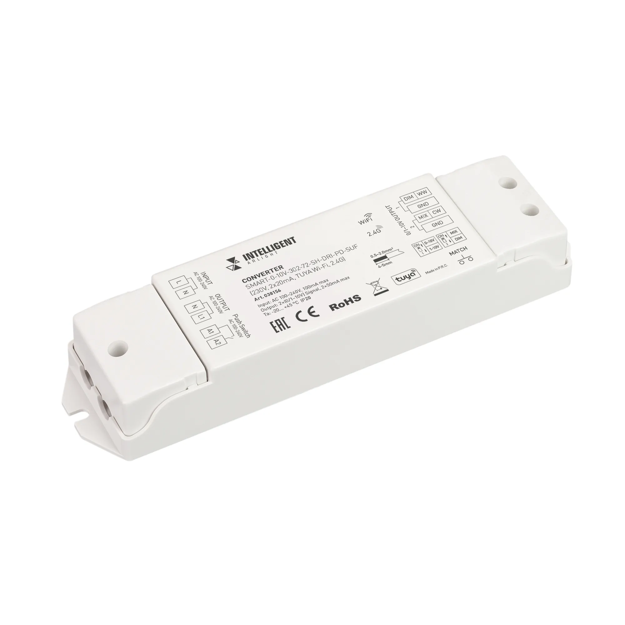 INTELLIGENT ARLIGHT Конвертер SMART-0-10V-302-72-SH-DRI-PD-SUF (230V, 2x20mA, TUYA Wi-Fi, 2.4G) (IARL, IP20 Пластик, 5 лет) - изображение товара